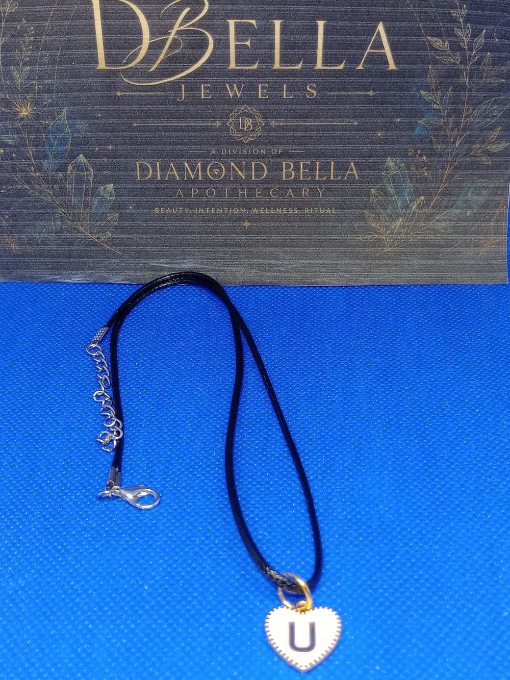 Gold Heart 'U' Pendant Necklace with Black Cord